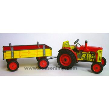 1/25 Zetor Tractor & Wagon Set, Tin Wind Up